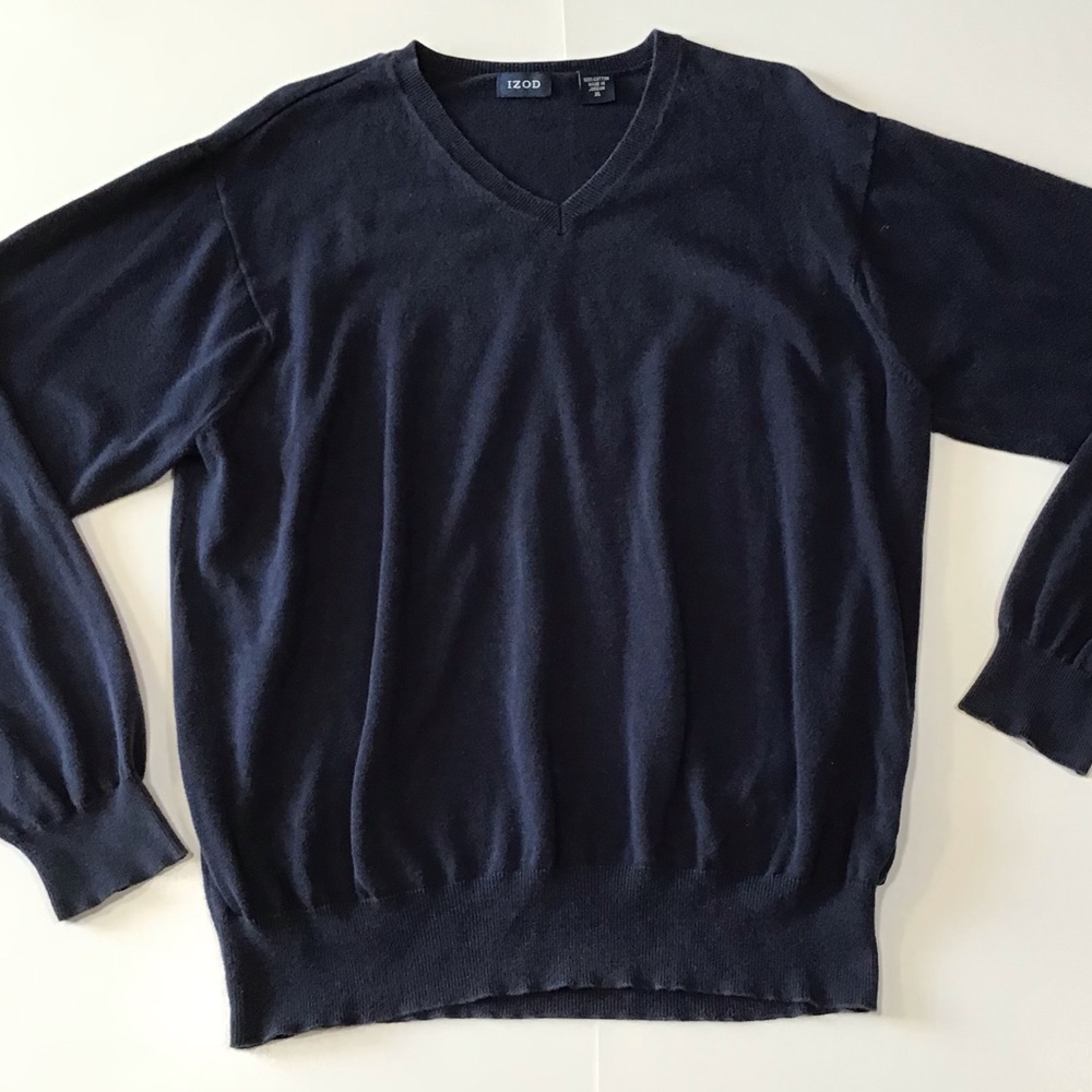 Izod Sweater Mens Sz XL Navy Blue V-Neck Pullover 100% Cotton Grandpa Dad